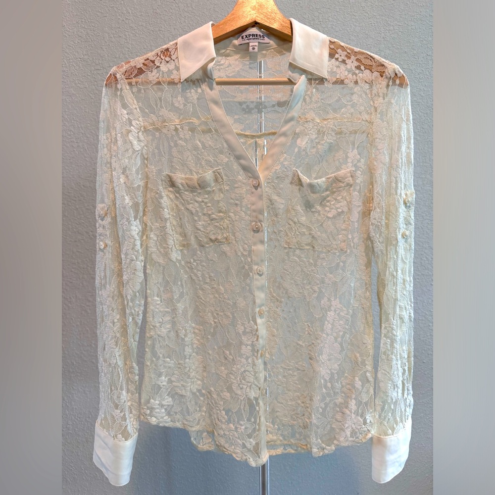 Women’s Express “Portofino” Cream Lace Floral Sheer Button Down Shirt